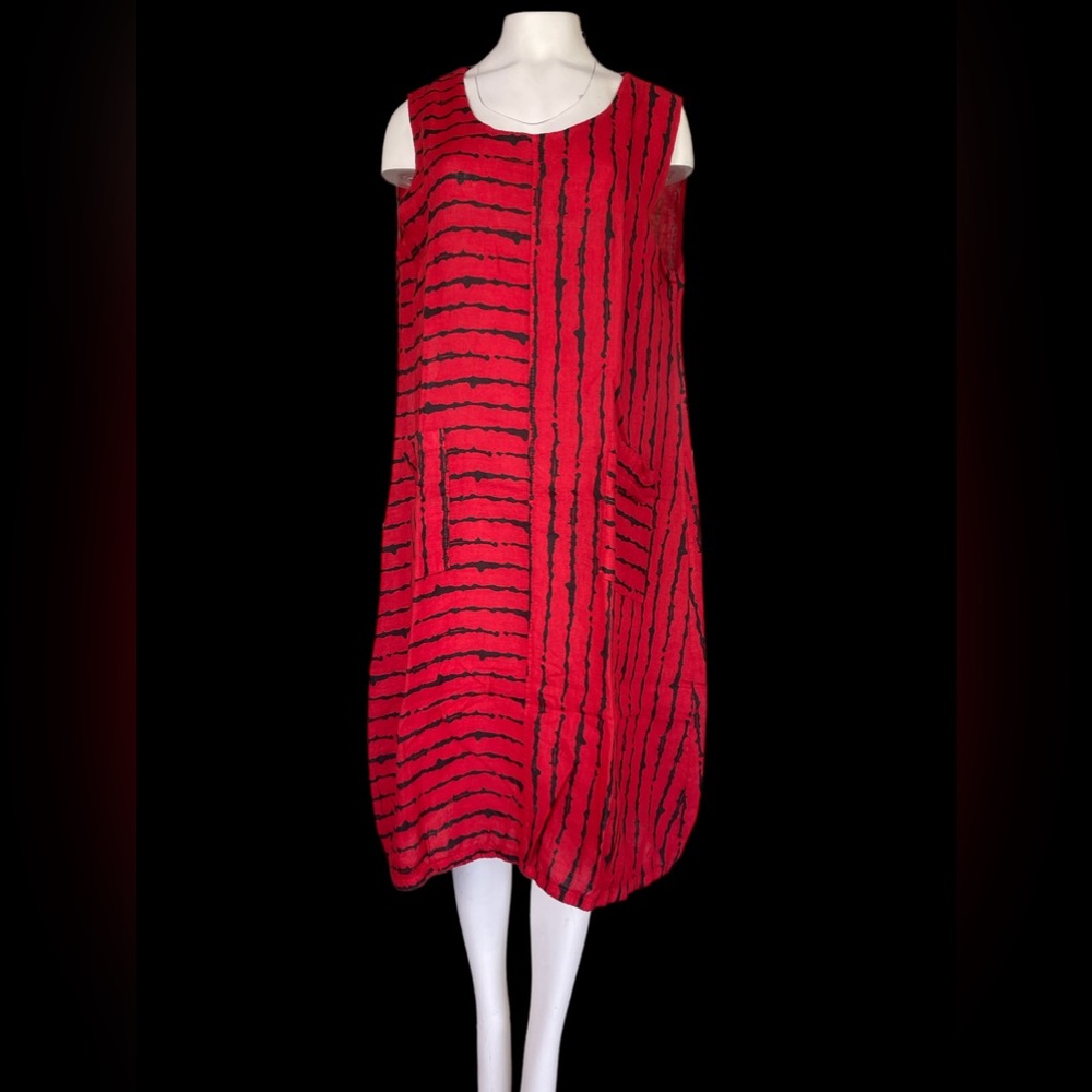 T By Transparente  100% linen  Women's  Red Tunic pockets Black striped  Size 2